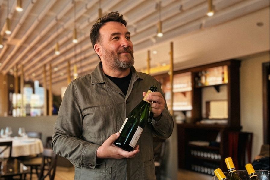 Sumiller sosteniendo una botella de vino en un ambiente de restaurante
